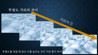 투명도 거리의 차이
투명도를 얻을 때 광선 수를 늘리는 것이 가장 좋다 하지만 부하가 큼
 
