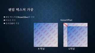 랜덤 텍스처 가공
●랜덤 텍스처를NoiseOffset분 이동
●이동은 루프
●결과를G에 저장
NoiseOffset
R 채널 G채널
 