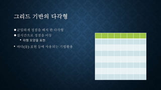 그리드 기반의 다각형
●균일하게 정점을 배치 한 다각형
●실시간으로 정점을 이동
• 파형 모양을 표현
• 바다(물) 표현 등에 사용되는 기법활용
 