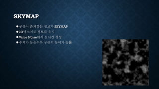 SKYMAP
●구름이 존재하는 정보가 SKYMAP
●2D텍스처로 정보를 유지
●Value Noise에서 실시간 생성
●수치가 높을수록 구름의 높이가 높음
 