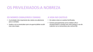OS PRIVILEXIADOS:A NOBREZA
OS NOBRES:CABALEIROS E DAMAS
• A actividade máis importante dos nobres era adestrarse
para o combate.
• Cando o rei os convocaban para una guerra,debían acudir
coas súas tropas.
A VIDA NO CASTELO
• Os nobres vivían en castelos fortificados.
• Comían principalmente carne e bebían viño e
cervexa;Collian a comida coas mans porque o uso de
cubertos non se xeneralizou ata o século XXI.
 