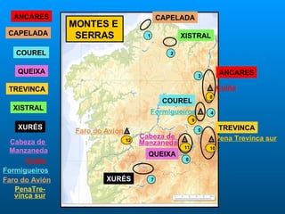 ANCARES CAPELADA COUREL TREVINCA XISTRAL XURÉS Cuíña Cabeza de  Manzaneda Formigueiros Pena Trevinca sur ANCARES CAPELADA COUREL TREVINCA XISTRAL XURÉS Cuíña Cabeza de  Manzaneda Formigueiros PenaTre- vinca sur Faro do Avión Faro do Avión QUEIXA QUEIXA MONTES E  SERRAS 1 2 3 4 5 6 7 8 9 10 11 12 