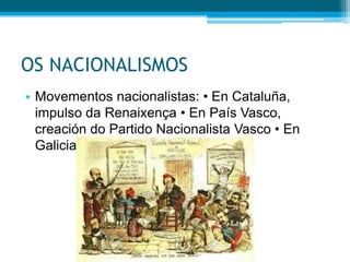 OS NACIONALISMOS
• Movementos nacionalistas: • En Cataluña,
impulso da Renaixença • En País Vasco,
creación do Partido Nacionalista Vasco • En
Galicia, impulso do Rexurdimento

 