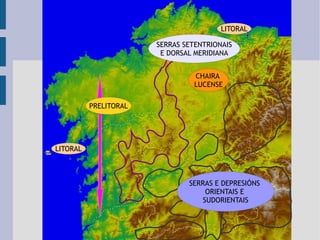 LITORAL PRELITORAL SERRAS SETENTRIONAIS E DORSAL MERIDIANA CHAIRA  LUCENSE SERRAS E DEPRESIÓNS  ORIENTAIS E  SUDORIENTAIS LITORAL 