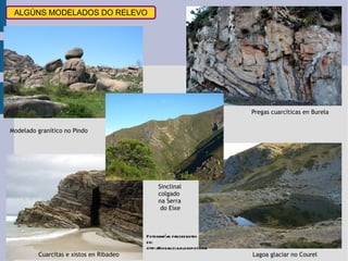 Modelado granítico no Pindo Pregas cuarcíticas en Burela Cuarcitas e xistos en Ribadeo Lagoa glaciar no Courel Sinclinal  colgado  na Serra do Eixe Fotografías procedentes de: http://xhgalicia.blogspot.com ALGÚNS MODELADOS DO RELEVO 