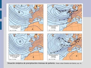 Situación sinóptica de precipitacións intensas de poñente.  Fonte: Atlas Climático de Galicia, op. cit. 