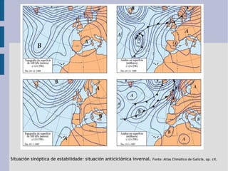 Situación sinóptica de estabilidade: situación anticiclónica invernal.  Fonte: Atlas Climático de Galicia, op. cit. 