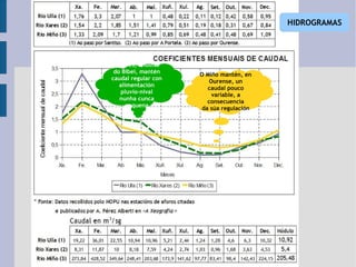 HIDROGRAMAS O Miño mantén, en Ourense, un caudal pouco variable, a consecuencia da súa regulación O Xares, afluinte do Bibei, mantén caudal regular con alimentación pluvio-nival nunha cunca pequena 