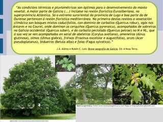 “ As condicións térmicas e pluviométricas son óptimas para o desenvolvemento do manto vexetal. A maior parte de Galicia (...) inclúese na rexión florística Eurosiberiana, na  superprovincia Atlántica. Só o extremo suroriental da provincia de Lugo e boa parte da de  Ourense pertencen á rexión florística mediterránea. Na primeira destas rexións a vexetación climácica son bosques mixtos caducifolios, con dominio de carballos  (Quercus robur) , agás nos  Ancares e no Courel, onde dominan os cerquiños  (Quercus pyrenaica) , acompañados de sobreiras na Galicia occidental  (Quercus suber) , e do carballo peciolado  (Quercus petrae)  no N e NL, que  á súa vez se ven acompañados en xeral de abeleiras  (Corylus avellana) , ameneiros  (Alnus  glutinosa) , olmos  (Ulmus glabra) , freixos  (Fraxinus excelsior  e  augustifolia) , arces  (Acer pseudoplatanus) , bidueiros  (Betula alba)  e faias  (Fagus sylvatica) .” J.A. Aldrey e Rubén C. Lois:  Breve xeografía de Galicia . Ed. A Nosa Terra.   