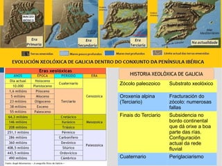 Zócolo paleozoico Substrato xeolóxico Oroxenia alpina (Terciario) Fracturación do zócolo: numerosas fallas Finais do Terciario Subsidencia no bordo continental que dá orixe a boa parte das rías. Configuración actual da rede fluvial Cuaternario Periglaciarismo HISTORIA XEOLÓXICA DE GALICIA 