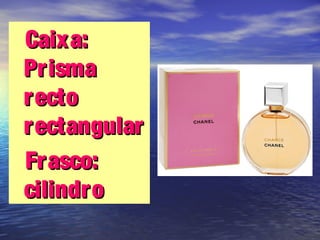 Caixa:Caixa:
PrismaPrisma
rectorecto
rectangularrectangular
Frasco:Frasco:
cilindrocilindro
 