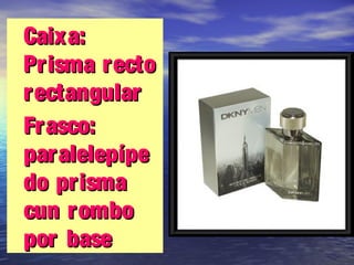 Caixa:Caixa:
Prisma rectoPrisma recto
rectangularrectangular
Frasco:Frasco:
paralelepípeparalelepípe
do prismado prisma
cun rombocun rombo
por basepor base
 