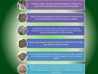 Granito: trátase da rocha mais abundante en Galicia. É a 
rocha mais abundante da franxa occidental galega 
Xistos: orchas metamórficas da Era Primaria, localízanse na 
zona central dende Ferrol ata Celanova e Bande 
Rochas básicas: rochas ricas en minerais de ferro e magnesio, 
localízanse en tres áreas: NO (cabo Ortegal e Serra da Capelada), 
comarca de Bergantiños e Santiago-Melide 
Gneis, ollo de sapo: trátrase dunha formación de era Primaria 
que aflora na Galicia Central 
Rochas sedimentarias básicas: destaca as areniscas, calizas , cuarcitas 
e, sobre todo, as pizarras. Son moi abundantes na franxa oriental 
galega 
Depósitos materiais non consolidados: areas, margas, gravas, arxilas... 
Materiais de acumulación dende o Mioceno ata hoxe. Localízanse nas 
cuncas sedimentarias como As Pontes ou a Terra Chá así como nos 
vlaes fluviais 
 