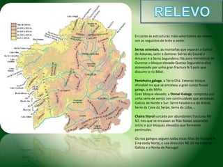En canto ás estructuras máis salientables do relevo 
son as seguintes de leste a oeste: 
Serras orientais, as montañas que separan a Galicia 
de Asturias, León e Zamora: Serras do Courel e 
Ancares e a Serra Segundeira. Na zona meridional de 
Ourense o bloque elevado Queixa-Segundeira etsá 
atravesado por unha gran fractura N-S pola que 
discurre o rio Bibei. 
Penichaira galega, a Terra Chá. Extenso bloque 
afundido no que se encaixou a gran cunca fluvial 
galega, a do Miño. 
Gran bloque elevado, a Dorsal Galega, composta por 
unha serie de serras con continuidade que atravesan 
Galicia de Norde a Sur: Serra Faladoira e do Xistral, 
Serra da Cova da Serpe, Serra da Loba,... 
Chaira litoral surcada por abundantes fracturas NE-SO, 
nas que se encaixan as Rías Baixas separadas 
entre sí por bloques elevados que formaron 
penínsulas. 
Os rios galegos seguen todas estas liñas de fractura N-S 
na costa Norte, e coa dirección NE-SO no resto de 
Galicia e o Norte de Portugal. 
 