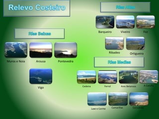 Cedeira Ferrol Ares Betanzos A Coruña 
Laxe e Corme Camariñas Corcubión 
Muros e Noia Arousa Pontevedra 
Vigo 
Barqueiro Viveiro Foz 
Ribadeo Ortigueira 
 