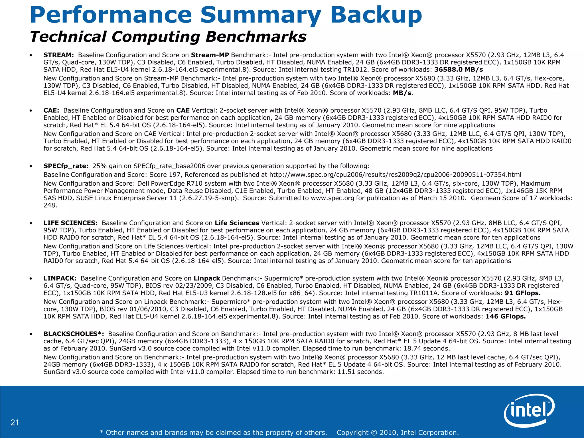 21
* Other names and brands may be claimed as the property of others. Copyright © 2010, Intel Corporation.
Performance Summary Backup
Technical Computing Benchmarks
• STREAM: Baseline Configuration and Score on Stream-MP Benchmark:- Intel pre-production system with two Intel® Xeon® processor X5570 (2.93 GHz, 12MB L3, 6.4
GT/s, Quad-core, 130W TDP), C3 Disabled, C6 Enabled, Turbo Disabled, HT Disabled, NUMA Enabled, 24 GB (6x4GB DDR3-1333 DR registered ECC), 1x150GB 10K RPM
SATA HDD, Red Hat EL5-U4 kernel 2.6.18-164.el5 experimental.8). Source: Intel internal testing TR1012. Score of workloads: 36588.0 MB/s
New Configuration and Score on Stream-MP Benchmark:- Intel pre-production system with two Intel® Xeon® processor X5680 (3.33 GHz, 12MB L3, 6.4 GT/s, Hex-core,
130W TDP), C3 Disabled, C6 Enabled, Turbo Disabled, HT Disabled, NUMA Enabled, 24 GB (6x4GB DDR3-1333 DR registered ECC), 1x150GB 10K RPM SATA HDD, Red Hat
EL5-U4 kernel 2.6.18-164.el5 experimental.8). Source: Intel internal testing as of Feb 2010. Score of workloads: MB/s.
• CAE: Baseline Configuration and Score on CAE Vertical: 2-socket server with Intel® Xeon® processor X5570 (2.93 GHz, 8MB LLC, 6.4 GT/S QPI, 95W TDP), Turbo
Enabled, HT Enabled or Disabled for best performance on each application, 24 GB memory (6x4GB DDR3-1333 registered ECC), 4x150GB 10K RPM SATA HDD RAID0 for
scratch, Red Hat* EL 5.4 64-bit OS (2.6.18-164-el5). Source: Intel internal testing as of January 2010. Geometric mean score for nine applications
New Configuration and Score on CAE Vertical: Intel pre-production 2-socket server with Intel® Xeon® processor X5680 (3.33 GHz, 12MB LLC, 6.4 GT/S QPI, 130W TDP),
Turbo Enabled, HT Enabled or Disabled for best performance on each application, 24 GB memory (6x4GB DDR3-1333 registered ECC), 4x150GB 10K RPM SATA HDD RAID0
for scratch, Red Hat 5.4 64-bit OS (2.6.18-164-el5). Source: Intel internal testing as of January 2010. Geometric mean score for nine applications
• SPECfp_rate: 25% gain on SPECfp_rate_base2006 over previous generation supported by the following:
Baseline Configuration and Score: Score 197, Referenced as published at http://www.spec.org/cpu2006/results/res2009q2/cpu2006-20090511-07354.html
New Configuration and Score: Dell PowerEdge R710 system with two Intel® Xeon® processor X5680 (3.33 GHz, 12MB L3, 6.4 GT/s, six-core, 130W TDP), Maximum
Performance Power Management mode, Data Reuse Disabled, C1E Enabled, Turbo Enabled, HT Enabled, 48 GB (12x4GB DDR3-1333 registered ECC), 1x146GB 15K RPM
SAS HDD, SUSE Linux Enterprise Server 11 (2.6.27.19-5-smp). Source: Submitted to www.spec.org for publication as of March 15 2010. Geomean Score of 17 workloads:
248.
• LIFE SCIENCES: Baseline Configuration and Score on Life Sciences Vertical: 2-socket server with Intel® Xeon® processor X5570 (2.93 GHz, 8MB LLC, 6.4 GT/S QPI,
95W TDP), Turbo Enabled, HT Enabled or Disabled for best performance on each application, 24 GB memory (6x4GB DDR3-1333 registered ECC), 4x150GB 10K RPM SATA
HDD RAID0 for scratch, Red Hat* EL 5.4 64-bit OS (2.6.18-164-el5). Source: Intel internal testing as of January 2010. Geometric mean score for ten applications
New Configuration and Score on Life Sciences Vertical: Intel pre-production 2-socket server with Intel® Xeon® processor X5680 (3.33 GHz, 12MB LLC, 6.4 GT/S QPI, 130W
TDP), Turbo Enabled, HT Enabled or Disabled for best performance on each application, 24 GB memory (6x4GB DDR3-1333 registered ECC), 4x150GB 10K RPM SATA HDD
RAID0 for scratch, Red Hat 5.4 64-bit OS (2.6.18-164-el5). Source: Intel internal testing as of January 2010. Geometric mean score for ten applications
• LINPACK: Baseline Configuration and Score on Linpack Benchmark:- Supermicro* pre-production system with two Intel® Xeon® processor X5570 (2.93 GHz, 8MB L3,
6.4 GT/s, Quad-core, 95W TDP), BIOS rev 02/23/2009, C3 Disabled, C6 Enabled, Turbo Enabled, HT Disabled, NUMA Enabled, 24 GB (6x4GB DDR3-1333 DR registered
ECC), 1x150GB 10K RPM SATA HDD, Red Hat EL5-U3 kernel 2.6.18-128.el5 for x86_64). Source: Intel internal testing TR1011A. Score of workloads: 91 GFlops.
New Configuration and Score on Linpack Benchmark:- Supermicro* pre-production system with two Intel® Xeon® processor X5680 (3.33 GHz, 12MB L3, 6.4 GT/s, Hex-
core, 130W TDP), BIOS rev 01/06/2010, C3 Disabled, C6 Enabled, Turbo Enabled, HT Disabled, NUMA Enabled, 24 GB (6x4GB DDR3-1333 DR registered ECC), 1x150GB
10K RPM SATA HDD, Red Hat EL5-U4 kernel 2.6.18-164.el5 experimental.8). Source: Intel internal testing as of Feb 2010. Score of workloads: 146 GFlops.
• BLACKSCHOLES*: Baseline Configuration and Score on Benchmark:- Intel pre-production system with two Intel® Xeon® processor X5570 (2.93 GHz, 8 MB last level
cache, 6.4 GT/sec QPI), 24GB memory (6x4GB DDR3-1333), 4 x 150GB 10K RPM SATA RAID0 for scratch, Red Hat* EL 5 Update 4 64-bit OS. Source: Intel internal testing
as of February 2010. SunGard v3.0 source code compiled with Intel v11.0 compiler. Elapsed time to run benchmark: 18.74 seconds.
New Configuration and Score on Benchmark:- Intel pre-production system with two Intel® Xeon® processor X5680 (3.33 GHz, 12 MB last level cache, 6.4 GT/sec QPI),
24GB memory (6x4GB DDR3-1333), 4 x 150GB 10K RPM SATA RAID0 for scratch, Red Hat* EL 5 Update 4 64-bit OS. Source: Intel internal testing as of February 2010.
SunGard v3.0 source code compiled with Intel v11.0 compiler. Elapsed time to run benchmark: 11.51 seconds.
 