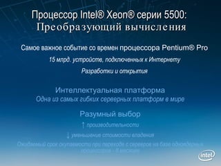 Процессор  Intel® Xeon®  серии  5500 :     Преобразующий вычисления Разумный выбор ↑   производительности ↓   уменьшение стоимости владения Ожидаемый срок окупаемости при переходе с серверов на базе одноядерных процессоров - 8 месяцев Интеллектуальная платформа Одна из самых гибких серверных платформ в мире Самое важное событие со времен   процессора Pentium® Pro 15 млрд. устройств, подключенных к Интернету Разработки  и  открытия 