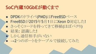 SoC内蔵10GbEが動くまで
● DPDKのドライバ(PMD)はFreeBSDベース
● FreeBSDが2015年5月1日にXeon D対応した!
● さっそくコードを持ってきて移植(ほぼパクり)
● 結果: 認識した!
● しかし通信相手がいない
● →2つのポートをケーブルで接続してみた
 