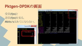 Pktgen-DPDKの画面
受信(fps)と
送信(fps)を見る。
Mbits/sはあてにならない。
 