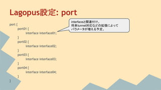 Lagopus設定: port
port {
port01 {
interface interface01;
}
port02 {
interface interface02;
}
port03 {
interface interface03;
}
port04 {
interface interface04;
}
}
interfaceと関連付け。
将来tunnel対応などの拡張によって
パラメータが増える予定。
 