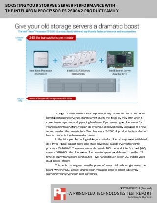 SEPTEMBER 2014 (Revised)
A PRINCIPLED TECHNOLOGIES TEST REPORT
Commissioned by Intel
BOOSTING YOUR STORAGE SERVER PERFORMANCE WITH
THE INTEL XEON PROCESSOR E5-2600 V2 PRODUCT FAMILY
Storage infrastructure is a key component of any datacenter. Some businesses
have taken to using servers as storage arrays due to the flexibility they offer when it
comes to management and upgrading hardware. If you are using an older server for
your storage infrastructure, you can enjoy serious improvement by upgrading to a new
server based on the powerful Intel Xeon Processor E5-2600 v2 product family and other
Intel components that boost performance.
In the Principled Technologies labs, we tested an older storage server with hard
disk drives (HDDs) against a new solid-state drive (SSD)-based server with the Intel
processor E5-2640 v2. The newer server also used a 10Gb network interface card (NIC),
versus a 1GB NIC in the older server. The new storage server delivered more than 24
times as many transactions per minute (TPM), handled much better I/O, and delivered
much better latency.
This performance gain shows the power of newer Intel technologies across the
board. Whether NIC, storage, or processor, you could stand to benefit greatly by
upgrading your servers with Intel’s offerings.
 