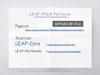 LEAP-FPGA Platform
https://github.com/LEAP-FPGA/leap-documentation/wiki
Papers:
https://github.com/LEAP-FPGA/leap-documentation/wiki/Papers
Sources:
LEAP-Core : https://github.com/LEAP-Core
LEAP-Workloads : https://github.com/LEAP-Workloads
GitHubにあったよ
 