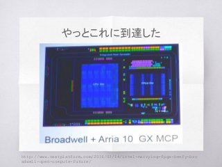 やっとこれに到達した
http://www.nextplatform.com/2016/03/14/intel-marrying-fpga-beefy-bro
adwell-open-compute-future/
 