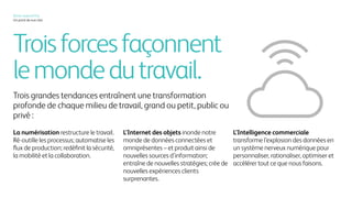 Troisforcesfaçonnent
lemondedutravail.
Trois grandes tendances entraînent une transformation
profonde de chaque milieu de travail, grand ou petit, public ou
privé :
La numérisation restructure le travail.
Ré-outille les processus; automatise les
flux de production; redéfinit la sécurité,
la mobilité et la collaboration.
L’Internet des objets inonde notre
monde de données connectées et
omniprésentes – et produit ainsi de
nouvelles sources d’information;
entraîne de nouvelles stratégies; crée de
nouvelles expériences clients
surprenantes.
L’Intelligence commerciale
transforme l’explosion des données en
un système nerveux numérique pour
personnaliser, rationaliser, optimiser et
accélérer tout ce que nous faisons.
Xerox, aujourd’hui
Un point de vue clair
 