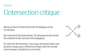 L’intersectioncritique
Xerox se situe à l’intersection de l’analogique et du
numérique.
Du manuel et de l’automatisé. Du physique et du virtuel.
Du matériel et des services infonuagiques.
En cette ère de transition, nous nous retrouvons dans une
position unique pour influencer la façon dont le monde
communique, travaille et se connecte.
Xerox, aujourd’hui
Un point de vue clair
 