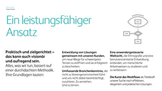 Xerox heute
Unser Ansatz
Ein leistungsfähiger Ansatz
Praktisch und zielgerichtet – das
kann visionär und aufregend sein.
Alles, was wir tun, basiert auf
einer durchdachten Methodik.
Die Grundlagen lauten:
Entwicklung von Lösungen
gemeinsam mit unseren Kunden,
um neue Wege für schwierigstes
Terrain zu finden und sie erfolgreich
zu beschreiten.
Umfassende Branchenkenntnis
und die Fähigkeit, zuzuhören
und individuelle Anforderungen
zu berücksichtigen. Zu verstehen.
Und zu lernen.
Eine anwendergesteuerte
Sicht auf die Welt,
die Ethnografie und eine anwender­
orientierte Entwicklung einbindet,
um menschliche Arbeitsweisen
zu studieren und zu verbessern.
Die Kunst der Workflows
als Triebkraft unserer Suche
nach effektiven, schlanken
und praktischen Lösungen.
 