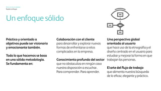 Xerox hoy
Nuestro enfoque
Un enfoque sólido
Ser prácticos y estar orientados a
los objetivos puede ser visionario
y también interesante.
Hay una metodología sólida
detrás de todo lo que hacemos.
Se basa en lo siguiente:
Creación conjunta con los clientes
para preparar y analizar nuevas
maneras de enfrentar los desafíos
espinosos del negocio.
Conocimiento sólido del sector
que nunca nos impide escuchar.
Para comprender. Para aprender.
Una visión del mundo
impulsada por el usuario,
que se vale de la etnografía y el
diseño centrado en el usuario para
estudiar y mejorar cómo trabajan
las personas.
El arte del flujo de trabajo
que dirige nuestra búsqueda de lo
efectivo, lo elegante y lo práctico.
 