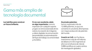Xerox hoy
Nuestro enfoque
La gama más amplia en
tecnología de documentos
Los cimientos de lo
importante en el futuro
Si desea ser grandioso,
sea grandioso en lo importante,
como las impresiones (en cualquier
objeto o lugar), la ciencia del color
avanzada, las imágenes digitales
y de video, la comunicación
personalizada, la automatización
del flujo de trabajo, la
conectividad y el análisis.
Acumule patentes: nuestropersonal
cuenta conmásdedocemilpatentesactivas,
loque noscolocaentrelasveinteempresas
principalesdecreacióndepatentesdelmundo.
Invierta en investigación y desarrollo:
con Fuji Xerox, invertiremos más de mil
millones de dólares en investigación y
desarrollo e ingeniería por año (puestos
a trabajar en manos de más de cinco
mil científicos de nuestros centros de
investigación de todo el mundo).
 
