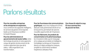 Xerox aujourd'hui...
Ce que nous faisons
Pour les start-ups et les entreprises
encroissance,nouscombinonsles
équipements,lesservicesdegestion
etlecloudpouraccélérerletravail
d'équipe.
Pour les administrations
et gouvernements,
notre technologie de pointe et
notre approche unique de la gestion
des documents et du contenu sont
le moteur de leur transformation.
Pour les fournisseurs de
communications graphiques,
nous nous impliquons à fond :
dévoués à des partenariats étroits
et sur le long-terme, permettant de
saisir les nouvelles opportunités de
l'impression.
Pour les fabricants, pour les
produits de consommation
et pharmaceutiques,
les innovations telles que le
marquage et le codage intelligents,
l'emballage numérique et
l'impression directe sur objets
protègent les marques, simplifient
la conformité et ravissent le client.
Parlons résultats
 