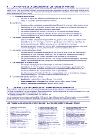 XERFI.COM SAS - 13-15, rue de Calais 75009 Paris - Tél : 01 53 21 81 51 - Fax : 01 42 81 42 14 - etudes@xerfi.fr
4. LA STRUCTURE DE LA CONCURRENCE ET LES FORCES EN PRÉSENCE
Cette partie propose un panorama complet des opérateurs intervenant dans la distribution de détail de livres imprimés et/ou numériques sur le
marché français. Cette section détaille notamment le profil et le positionnement des différents intervenants, leurs forces et faiblesses et leurs
principaux axes de développement. Les faits marquants sont illustrés à partir d’éphémérides et/ou d’études de cas. Xerfi présente aussi 10
acteurs clés sous forme de fiches d’identité.
1. La structure de la concurrence
- Les parts de marché des différents circuits de distribution de livres en France
- Le top 10 exclusif des distributeurs de livres en France
2. Les librairies
- Le classement des principales enseignes de librairies (CA, points de vente, etc.) et leur positionnement
- La distribution de livres numériques par les libraires : type de plate-forme, références disponibles, etc.
- Les performances économiques et financières des librairies
- Les forces et faiblesses des librairies sur le marché du livre imprimé et du livre numérique
- Les faits marquants et l’évolution de l’offre des librairies : principaux partenariats stratégiques,
ouvertures et fermetures de points de vente, lancements de systèmes de vente d’e-books, etc.
3. Les grandes surfaces culturelles (GSC)
- Le classement des principales enseignes de GSC (CA, points de vente, etc.) et leur positionnement
- La distribution de livres numériques par les GSC : type de plate-forme, références disponibles, etc.
- Les forces et faiblesses des GSC sur le marché du livre imprimé et du livre numérique
- Les faits marquants et l’évolution de l’offre des GSC : principaux partenariats stratégiques, ouvertures
et fermetures de points de vente, créations de sites marchands dédiés au livre, etc.
4. Les grandes surfaces alimentaires (GSA)
- Le classement des principales enseignes de GSA (CA, points de vente, etc.) et leur positionnement
- La distribution de livres numériques par les GSA : type de plate-forme, références disponibles, etc.
- Les forces et faiblesses des GSA sur le marché du livre imprimé et du livre numérique
- Les faits marquants et l’évolution de l’offre des GSA : principaux partenariats stratégiques, lancements
de sites marchands dédiés au livre, mise en place d’écosystèmes de vente de livres numériques, etc.
5. Les pure players de la vente en ligne
- Les principaux pure players de la vente en ligne de livres et leur positionnement
- La distribution de livres numériques par les pure players de la vente en ligne : type de plate-forme,
références disponibles, analyse des deux principaux écosystèmes fermés (Kindle et iBooks), etc.
- Les forces et faiblesses des pure players de la vente en ligne de livres
- Les faits marquants et l’évolution de l’offre des pure players de la vente en ligne de livres : principaux
partenariats stratégiques, lancements d’offre de lecture en streaming, etc.
6. Les fiches d’identité des principaux acteurs
- Les librairies : Actissia, Gibert Joseph, Decitre, Furet du Nord
- Les grandes surfaces culturelles : Fnac, Espace Culturel Leclerc, Sodival (Cultura)
- Les pure players de la vente en ligne : Amazon, Apple, Google
5. LES INDICATEURS ECONOMIQUES ET FINANCIERS DES ENTREPRISES
Cette partie vous propose de mesurer, situer et comparer les performances de 200 opérateurs du secteur à travers :
- les fiches synthétiques de chacune des sociétés : informations générales, données de gestion et performances financières sous forme
de graphiques et tableaux, positionnement sectoriel de la société ;
- les tableaux comparatifs des 200 opérateurs selon cinq indicateurs clés.
Les données présentées portent sur la période 2008-2012, selon la disponibilité des comptes. 52% des comptes non consolidés 2012
et 91% des comptes non consolidés 2011 des sociétés étaient disponibles au moment de la publication de l’étude.
LES PRINCIPALES DONNEES STATISTIQUES ET MATRICES PRESENTES DANS L’ETUDE
T1 Les déterminants du marché français
du livre en 2013
T2 L’évolution comparée des ventes au détail de livres
imprimés en valeur et en volume (2003-2013)
T3 Les prix à la consommation des livres en France
(2003-2013)
T4 L'évolution sur moyenne période des ventes
au détail de livres par segment éditorial
T5 L’évolution du marché français du livre
à l’horizon 2017 selon trois scénarios
T6 Les ventes au détail de livres imprimés en France
à l’horizon 2017 (2003-2017)
T7 Les ventes au détail d’e-books d’ici 2017
(2011-2017)
T8 La dynamique des ventes au détail de livres
en librairies de 1er
niveau (2007-2013)
T9 La dynamique des ventes au détail de livres
en librairies de 2e
niveau (2007-2013)
T10 La dynamique des ventes au détail de livres
en grandes surfaces culturelles (2006-2013)
T11 La dynamique des ventes au détail de livres
en grandes surfaces alimentaires (2006-2013)
T12 La dynamique des ventes au détail de livres
par les pure players de la vente en ligne
(2006-2013)
T13 La consommation des ménages en livres
(2003-2013)
T14 Les ventes au détail de tablettes et de liseuses
numériques à l’horizon 2017 (2010-2017)
T15 Le parc de périphériques de lecture à l’horizon
2017 (2011-2017)
T16 L’évolution du taux d’excédent brut d’exploitation
des librairies (2005-2012)
T17 L’évolution du taux de résultat courant avant impôt
des librairies (2005-2012)
T18 Les partenariats stratégiques mis en place
par les libraires en 2013
T19 Les ouvertures et fermetures de points de vente
réalisées par les libraires en 2013
T20 Le positionnement des principales grandes
surfaces culturelles présentes en France
T21 Les chiffres clés du parc de grandes surfaces
culturelles en France
T22 Les créations et les fermetures de grandes
surfaces culturelles en France (2008-2013)
T23 Les partenariats stratégiques mis en place
par les GSC sur le marché français
T24 Les ouvertures et fermetures de points de vente
réalisées par les GSC en 2013
T25 Le positionnement des principales grandes
surfaces culturelles présentes en France
T26 Les principaux pure players de la vente en ligne
de livres présents en France
T27 Le positionnement des principaux pure players
de la vente en ligne de livres en France
 