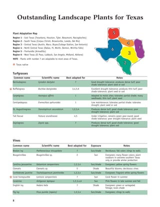 Outstanding Landscape Plants for Texas

   Plant Adaptation Map
   Region    1   -   East Texas (Texarkana, Houston, Tyler, Beaumont, Nacogdoches)
   Region    2   -   South Texas (Corpus Christi, Brownsville, Laredo, Del Rio)
   Region    3   -   Central Texas (Austin, Waco, Bryan/College Station, San Antonio)
   Region    4   -   North Central Texas (Dallas, Ft. Worth, Denton, Wichita Falls)
   Region    5   -   Panhandle (Armadillo)
   Region    6   -   West Texas (El Paso, Lubbock, San Angelo, Midland, Abilene)
   NOTE - Plants with number 7 are adaptable to most areas of Texas.

   5 Texas native


   Turfgrasses
   Common name                        Scientific name          Best adapted for                                  Notes
   Bermudagrass                    Cynodon dactylon                     7               Good drought tolerance; produces dense turf; poor
                                                                                        shade tolerance; plant seed or sod
5 Buffalograss                     Buchloe dactyloides               3,4,5,6            Excellent drought tolerance; produces thin turf; poor
                                                                                        shade tolerance; plant seed or sod
   Carpetgrass                     Axonopus affinis                     1               Adapted to moist sites; tolerates partial shade; many
                                                                                        seedheads; thin turf; plant seed
   Centipedegrass                  Eremochloa ophiuroides               1               Low maintenance; tolerates partial shade; tolerates
                                                                                        drought; plant seed or sod
   St. Augustinegrass              Stenotaphrum secundatum           1,2,3,4            Produces dense turf; good shade tolerance; poor
                                                                                        drought tolerance; plant sod
   Tall fescue                     Festuca arundinacea                 4,5              Under irrigation, remains green year-round; good
                                                                                        shade tolerance; poor drought tolerance; plant seed
   Zoysiagrass                     Zoysia spp.                          7               Produces dense turf; good shade tolerance; good
                                                                                        drought tolerance; plant sod




   Vines
   Common name                        Scientific name           Best adapted for        Exposure                         Notes
   Boston ivy                    Parthenocissus tricuspidata                7           Sun/shade     Deciduous; fall color; clings to walls
   Bougainvillea                 Bougainvillea sp.                          2              Sun        Evergreen; many flower colors; plant
                                                                                                      outdoors in extreme southern Texas
                                                                                                      only or provide winter protection
   Carolina jesssamine           Gelsemium sempervirens                1,2,3,4          Sun/shade     Evergreen; yellow spring flowers
   Clematis                      Clematis sp.                               5            Shade        Beautiful blooms; deciduous vines
   Confederate jasmine           Trachelospermum jasminoides           1,2,3,4          Sun/shade     Evergreen; fragrant white spring flowers
5 Coral honeysuckle              Lonicera sempervirens                      7              Sun        Coral flower in summer
   Coralvine                     Antigonon leptopus                   1,2,3,4,6            Sun        Pink flowers in late summer and fall
   English ivy                   Hedera helix                               7            Shade        Evergreen; green or variegated
                                                                                                      foliage; loves shade
   Fig ivy                       Ficus pumila (repens)                 1,2,3,4          Sun/shade     Evergreen; clings to walls


  8
 