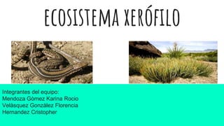 ecosistema xerófilo
Integrantes del equipo:
Mendoza Gòmez Karina Rocio
Velàsquez Gonzàlez Florencia
Hernandez Cristopher
 
