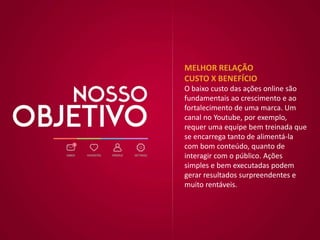 MELHOR RELAÇÃO
CUSTO X BENEFÍCIO
O baixo custo das ações online são
fundamentais ao crescimento e ao
fortalecimento de uma marca. Um
canal no Youtube, por exemplo,
requer uma equipe bem treinada que
se encarrega tanto de alimentá-la
com bom conteúdo, quanto de
interagir com o público. Ações
simples e bem executadas podem
gerar resultados surpreendentes e
muito rentáveis.
 