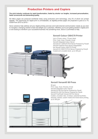 The print industry continues its rapid transformation, fueled by shorter run lengths, increased personalisation,
faster turnarounds and demanding quality.
50 trillion pages are produced worldwide today using production print technology, only 2% of which are printed
digitally. The opportunity for digital print is unmistakable, as digitally-printed pages are projected to grow at a 7%
CAGR from 2012 to 2016.1
Xerox solutions help address all your digital printing services and multi-channel communication needs as you look
to navigate a changing market to lead and delight your customers. Whether you're just getting started in digital print
or are looking to transform your successful business into something more, Xerox is committed to help.
Production Printers and Copiers
Xerox® Colour C60/C70 Printer
Up to 70 ppm colour, 75 ppm black
Print, Copy, Scan, Preview, Email
Xerox® Integrated Colour Server
Xerox® EX-i C60/C70 Print Server Powered by Fiery®
Xerox® FreeFlow Print Server Integratedfor
the Xerox® Colour C60/C70 Printer
Xerox® EX C60/C70 Print Server Powered by Fiery®
Coated and uncoated stock, up to 300 g/m
Xerox® Versant® 80 Press
80 ppm
Print, Copy, Scan, Preview, Email
Xerox® Integrated Colour Server
Xerox® EX 80 Print Server Powered by Fiery®
Xerox® EX-i 80 Print Server Powered by Fiery®
Xerox® FreeFlow® Versant 80 Print Server
Coated, uncoated, tabs, envelops, polyester/synthetic,
textured, colored, custom media and mixed-stock printing,
up to 350 g/m
 