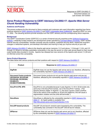 Response to CERT CA-2002-17
                                                                                                   Document version 3.0
                                                                                                Last revised: 05/13/2003


Xerox Product Response to CERT Advisory CA-2002-17: Apache Web Server
Chunk Handling Vulnerability
Audience and Purpose
The primary audience for this document is Xerox analysts and customers who want information regarding how Xerox
products respond to CERT Advisory CA-2002-17 and CERT Vulnerability Note VU#944335, issued by CERT on June
17, 2002. The following sections provide excerpts from the CERT advisory and the corresponding Xerox response.

Background
            ®
The CERT Coordination Center (CERT/CC) is a center of Internet security expertise at the Software Engineering
Institute, a federally funded research and development center operated by Carnegie Mellon University. CERT studies
Internet security vulnerabilities, handles computer security incidents, publishes security alerts, researches long-term
changes in networked systems, and develops information and training to help you improve security at your site.

CERT Advisory CA-2002-17 refers to the Apache web server (versions 1.2.2 and above, 1.3 through 1.3.24, and 2.0
through 2.0.36)and a remotely exploitable vulnerability in the way the server (or other web serves based on their source
code) handle data encoded in chunks. Apache has released two new versions of the Apache web server (1.3.26 and
2.0.39) that correct this vulnerability.

Xerox Product Response
The table below lists various products and their positions with respect to CERT Advisory CA-2002-17.

                  Product                                      Response to CERT Advisory CA-2002-17

     DigiPath                                DigiPath does not use the Apache web server and is not, therefore, affected by
                                             the vulnerability reported in CERT Advisory CA-2002-17.

     Document Centre products                Document Centre products do not use the Apache web server and are not,
     (DC220/230, DC332/340,                  therefore, affected by the vulnerability reported in CERT Advisory CA-2002-17.
     DC432/440, DC255/265,
     DC460/470,
     DC460/470/480/490)

     DocuPrint IPS, NPS                      DocuPrint is not vulnerable because it uses Apache 1.3.19 in 32-bit mode only
                                             (and only in the DocuPrint 8 series, not in the DocuPrint 7 series). (The
                                             Apache advisory states "in Apache 1.3, the issue causes a stack overflow.
                                             Due to the nature of the overflow on 32-bit Unix platforms, this will cause a
                                             segmentation violation and the child will terminate.")

     DocuShare                               DocuShare is affected by the vulnerability reported in CERT Advisory CA-
                                             2002-17. An hpptd update is available from
                                             http://docushare.xerox.com/View/Collection-7175.

     DocuSP-based products                   DocuSP 3.6 pre-launch versions were impacted by this vulnerability. The
                                             vulnerability was corrected in the DocuSP 3.60.00 launch release.

     DPServer                                DPServer does not use the Apache web server and is not, therefore, affected
                                             by the vulnerability reported in CERT Advisory CA-2002-17.




© 2002, 2003 Xerox Corporation. All rights reserved.                                                          Page 1 of 2
 