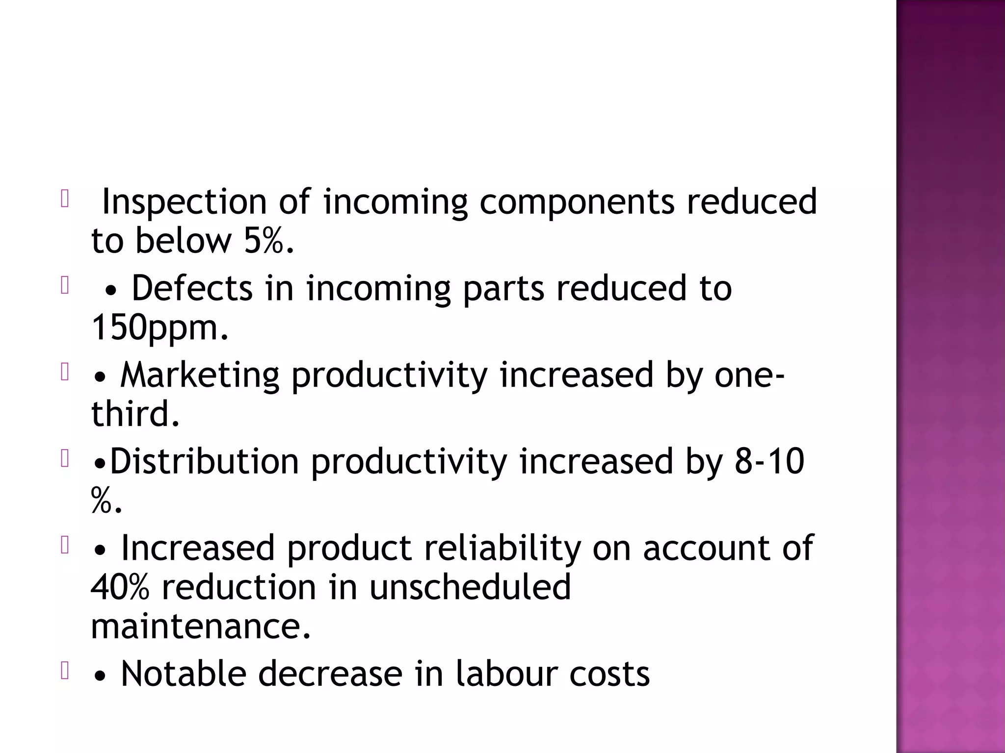 







Inspection of incoming components reduced
to below 5%.
• Defects in incoming parts reduced to
150ppm.
• Marketing productivity increased by onethird.
•Distribution productivity increased by 8-10
%.
• Increased product reliability on account of
40% reduction in unscheduled
maintenance.
• Notable decrease in labour costs

 