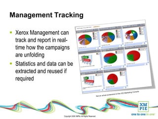 Management Tracking

 Xerox Management can
  track and report in real-
  time how the campaigns
  are unfolding
 Statistics and data can be
  extracted and reused if
  required




                        Copyright 2008 XMPie. All Rights Reserved.
 