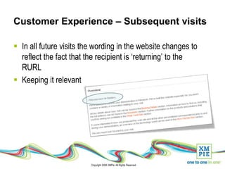 Customer Experience – Subsequent visits

 In all future visits the wording in the website changes to
  reflect the fact that the recipient is ‘returning’ to the
  RURL
 Keeping it relevant




                         Copyright 2008 XMPie. All Rights Reserved.
 