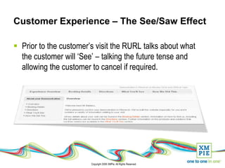 Customer Experience – The See/Saw Effect

 Prior to the customer’s visit the RURL talks about what
  the customer will ‘See’ – talking the future tense and
  allowing the customer to cancel if required.




                        Copyright 2008 XMPie. All Rights Reserved.
 