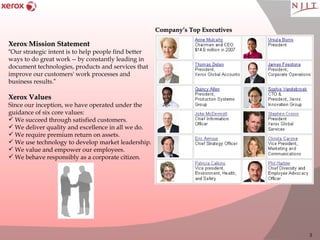 Company’s Top Executives Xerox Mission Statement “ Our strategic intent is to help people find better ways to do great work -- by constantly leading in document technologies, products and services that improve our customers' work processes and business results. ” Xerox Values Since our inception, we have operated under the guidance of six core values: We succeed through satisfied customers.  We deliver quality and excellence in all we do.  We require premium return on assets.  We use technology to develop market leadership.  We value and empower our employees.  We behave responsibly as a corporate citizen.   
