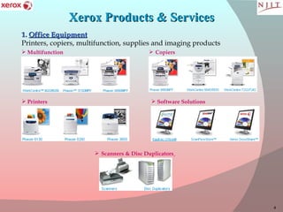 Xerox Products & Services   1.  Office Equipment   Printers, copiers, multifunction, supplies and imaging products  Multifunction Printers Copiers Software Solutions Scanners & Disc Duplicators   
