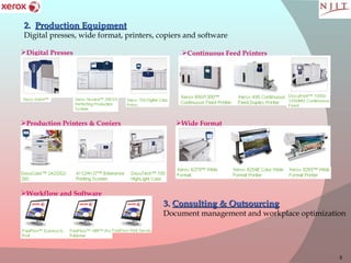 2.  Production Equipment   Digital presses, wide format, printers, copiers and software  Digital Presses   Production Printers & Copiers   Continuous Feed Printers  Wide Format   Workflow and Software  3.  Consulting & Outsourcing   Document management and workplace optimization   