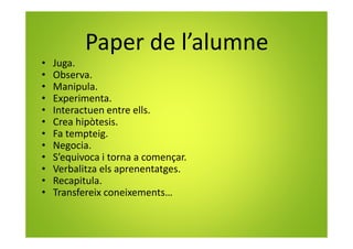 Paper de l’alumne
• Juga.
• Observa.
• Manipula.
• Experimenta.
• Interactuen entre ells.
• Crea hipòtesis.
• Fa tempteig.
• Negocia.
• S’equivoca i torna a començar.
• Verbalitza els aprenentatges.
• Recapitula.
• Transfereix coneixements…
 