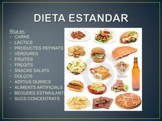 Rica en:
• CARNS
• LÀCTICS
• PRODUCTES REFINATS
• VERDURES
• FRUITES
• FREGITS
• SNACKS SALATS
• DOLÇOS
• ADITIUS QUIMICS
• ALIMENTS ARTIFICIALS
• BEGUDES ESTIMULANTS
• SUCS CONCENTRATS
 