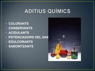 •   COLORANTS
•   CONSERVANTS
•   ACIDULANTS
•   POTENCIADORS DEL SABOR
•   EDULCORANTS
•   SABORITZANTS
 
