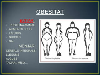 EVITAR:
•   PROTEÍNA ANIMAL
•   ALIMENTS CRUS
•   LÀCTICS
•   SUCRES
•   SAL
         MENJAR:
CEREALS INTEGRALS
LLEGUMS
ALGUES
TAMARI, MISO…
 